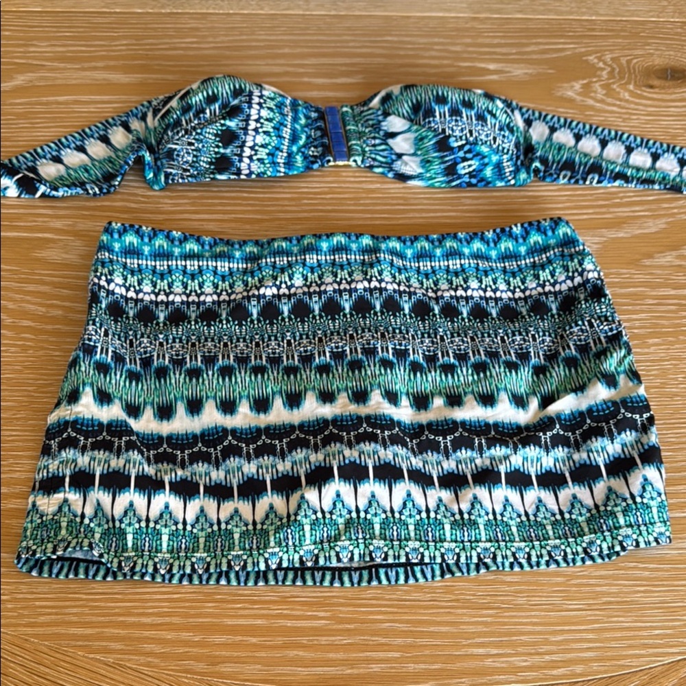 LA BLANCA size 8 Blue and Green Patterned Bikini Set with tie top and swim skirt
